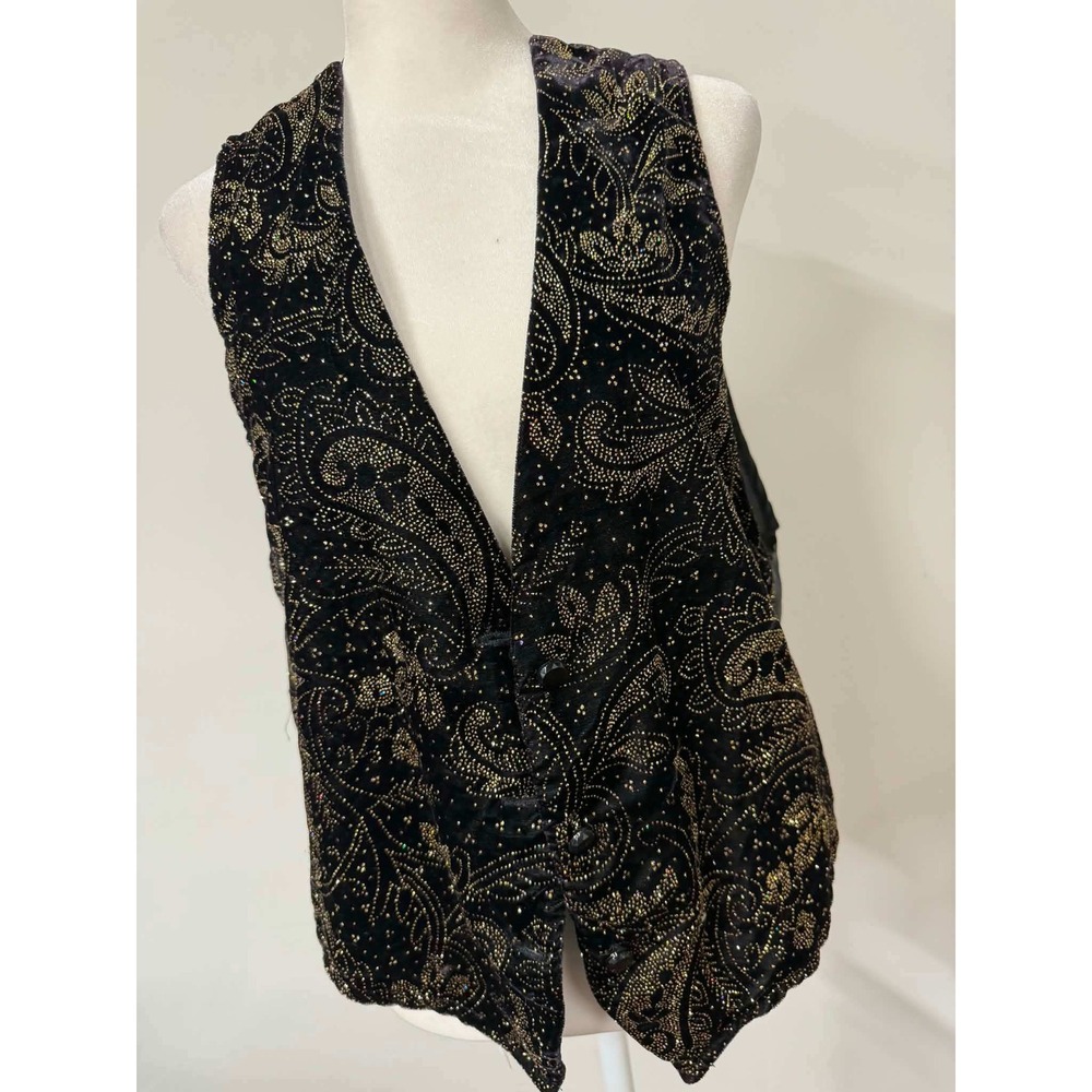 Vtg Jessica Stevens Large Black Velvet Gold Glitter Paisley Vest Festive Holiday